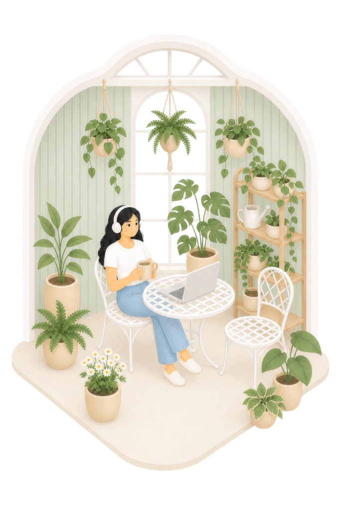 Sunroom with lattice table, plants, and coffee chat