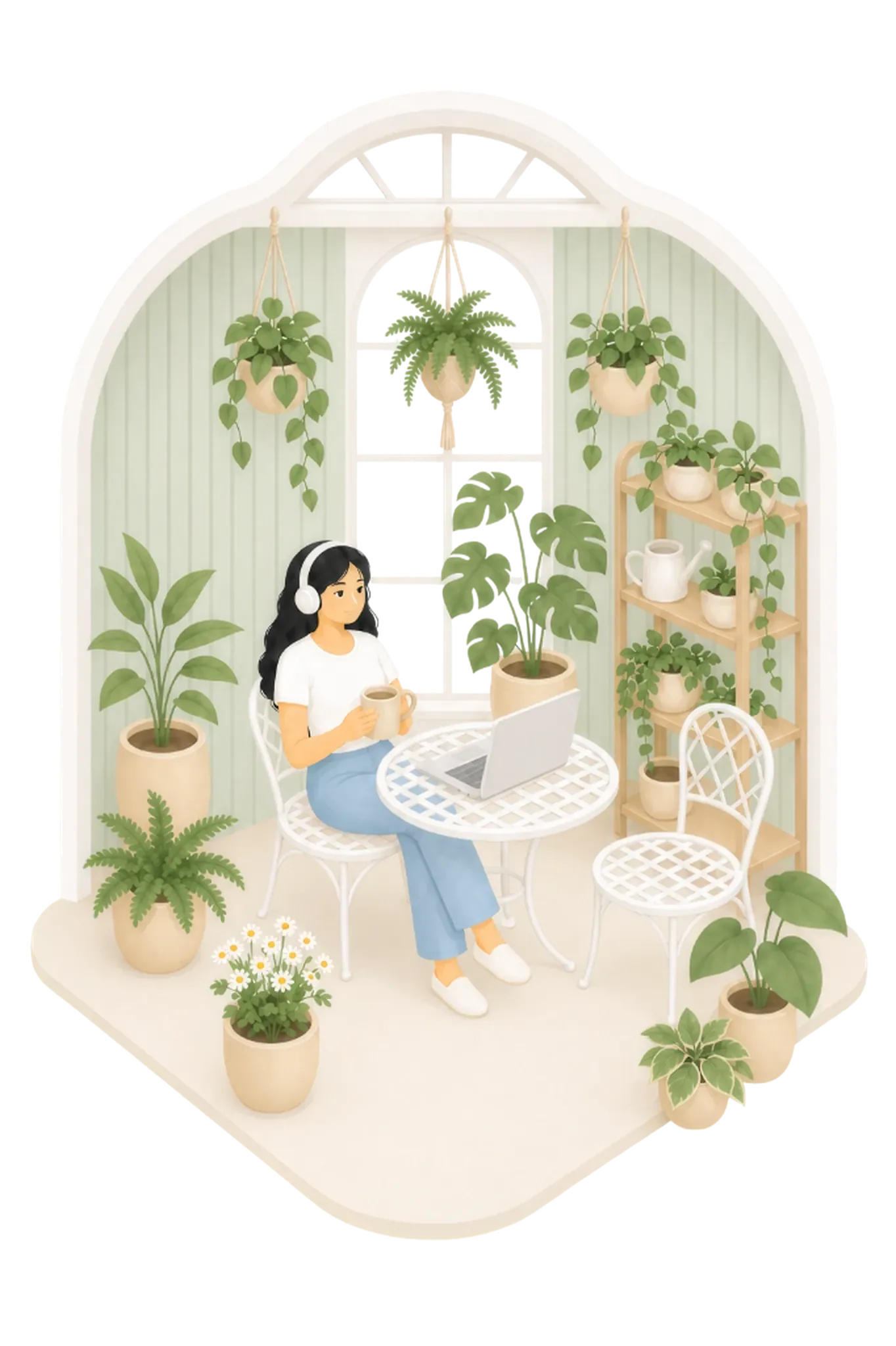 Sunroom with lattice table, plants, and coffee chat