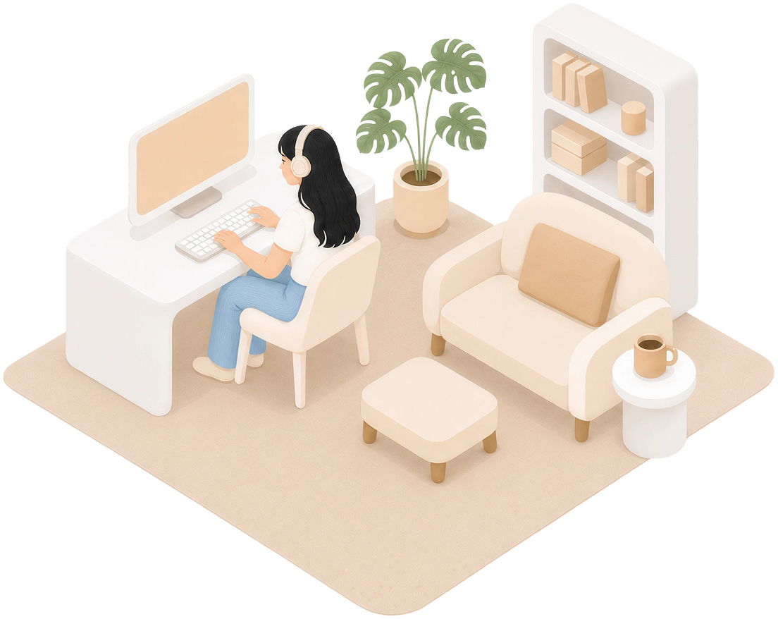 Isometric home office with Quinnie at her desk, plant, and sofa