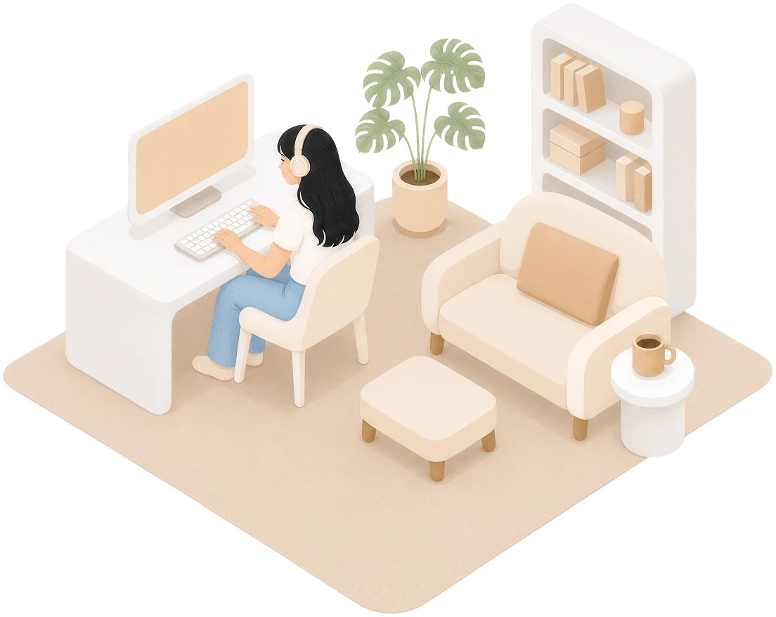 Isometric home office with Quinnie at her desk, plant, armchair, and bookshelf
