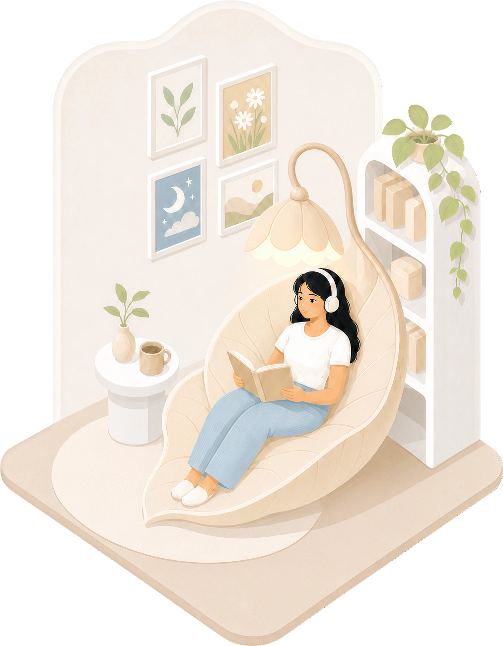 Reading nook with leaf chair, headphones, and bookshelf
