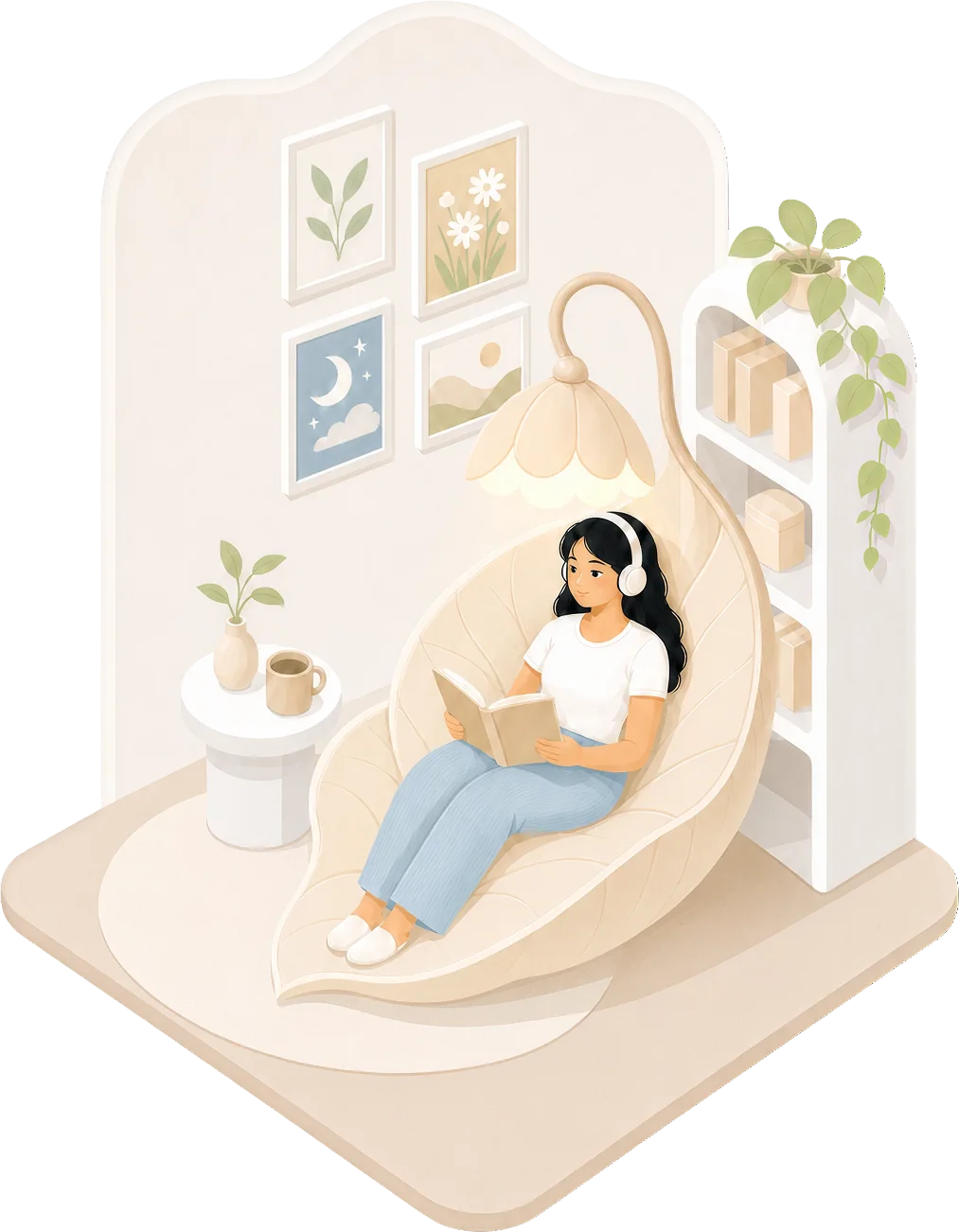 Reading nook with leaf chair, headphones, and bookshelf